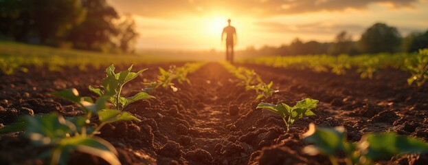 person tending an agricultural field at sunset, green academia - obrazy, fototapety, plakaty