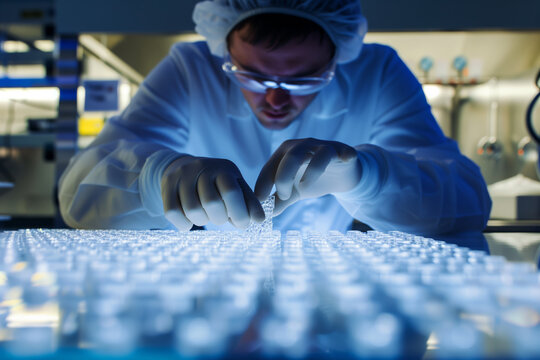 A man in a white coat and safety goggles in a chemical biolab is doing research with transparent test tubes examining human DNA