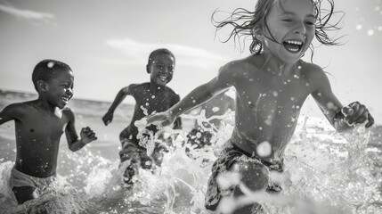 a group of children running out of the ocean, laughing, children have a racial and gender variety  - obrazy, fototapety, plakaty
