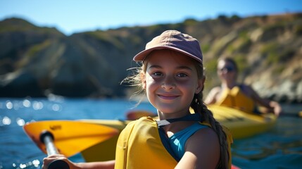 a young girl and father kayaking by the channel islands, 