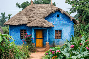 Fototapeta na wymiar Artistic depiction of an African village with traditional mud houses