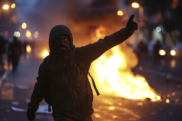 Protestas  en la calle con incendios y disturbios - obrazy, fototapety, plakaty