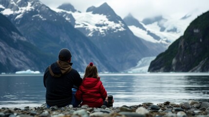 a young girl and father taking photographs near glacier bay in alaska,  