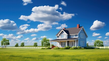 Fototapeta premium Family home, Real estate property business with a photo of a modern minimalist house, with a bright blue sky background, copy space background wallpaper.