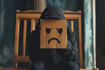 Una persona sentado  con emoji de cartón molesto y llorando  en la cabeza  - obrazy, fototapety, plakaty