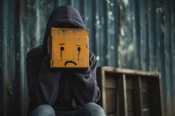 Una persona sentado  con emoji  llorando en la cabeza 