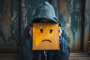 Una persona tapándose con un emoji triste  en al cara  - obrazy, fototapety, plakaty