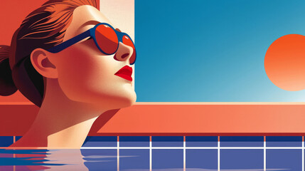A portrait of a beautiful woman in sunglasses, sunbathing and swimming in the pool on vacation. Illustration in retro style