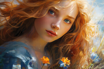 Fototapeta premium Woman with flowing hair in floral scene. Art and creativity.