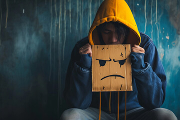 Una persona sentado  con emoji con ira   en la cabeza  - obrazy, fototapety, plakaty