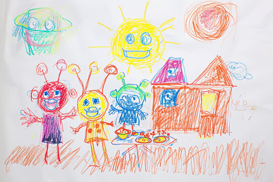 Friendly aliens having a picnic on their home planet 4 year old's simple scribble colorful juvenile crayon outline drawing