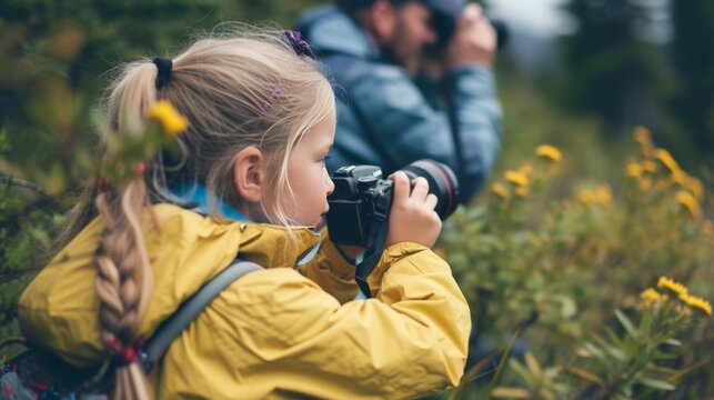 close up of a young girl and father taking pictures of wildlife in alaska 