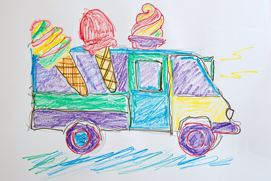 Ice cream truck with colorful treats 4 year old's simple scribble colorful juvenile crayon outline drawing