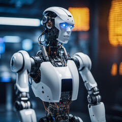 close up of an humanoid robot showing the artificial intelligence power