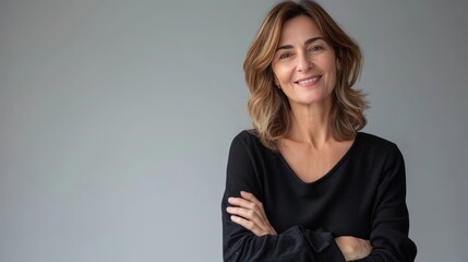 Portrait of handsome smiling 40 year old female business woman with folded arms copy space - obrazy, fototapety, plakaty