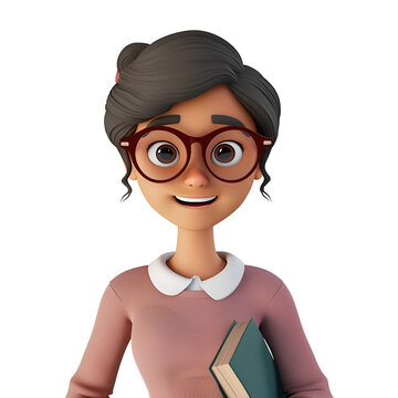 A Cute Smiling Female Teacher: Simple 3D Cartoon Character Render, Isolated on Transparent Background, PNG