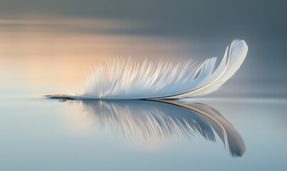 Serene Feather Symbolizing Peace and Lightness on Reflective Surface, calm feeling