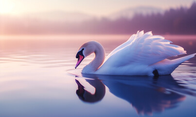 Serene Swan on Calm Waters at Sunset, Symbol of Peace and Meditation in Nature