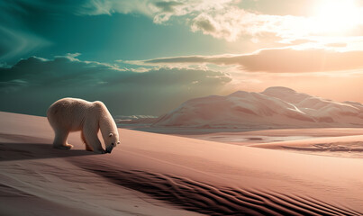 Polar bear after global warming disaster concept, stranded in sand, A Climate Change Concept ice bear - obrazy, fototapety, plakaty