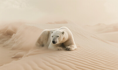 Polar bear after global warming disaster concept, stranded in sand, A Climate Change Concept ice bear