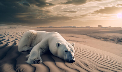 Obraz na płótnie Canvas Polar bear after global warming disaster concept, stranded in sand, A Climate Change Concept ice bear