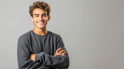 Portrait of handsome smiling young man with folded arms, copy space - obrazy, fototapety, plakaty