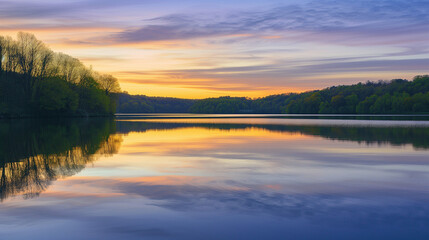 A tranquil lake reflecting the colors of a serene April sunrise, promising a day of beauty and serenity