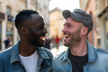 Joyful Connection, Two Friends Laughing in Casual Urban Setting