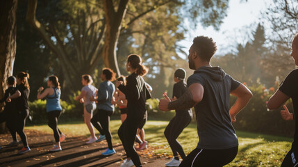 Fototapeta premium A fitness trainer leads an outdoor workout session, inspiring participants to push their limits