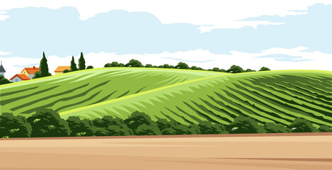 vector design of rural scenery with dirt roads and beautiful mountains - obrazy, fototapety, plakaty