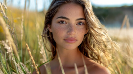 Outdoor portrait of a model standing in a field of wheat. Light freckles and healthy complexion.