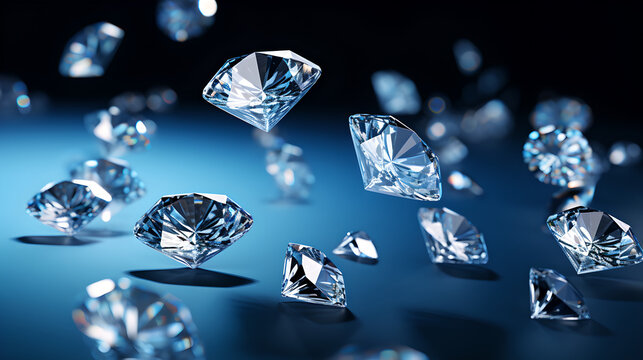 falling brilliant diamonds on blue background