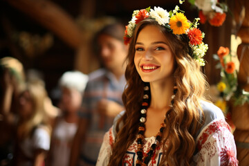 Ukrainian culture, a set of spiritual and material values created by people throughout its history, holidays and customs, heritage, embroidery, mountains, happiness beautiful dress. - obrazy, fototapety, plakaty