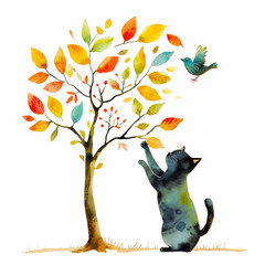 Painting of a cat and bird playing near a tree