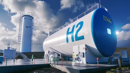 Fototapeta premium A modern hydrogen energy storage facility with a wind turbine in the background, set in a scenic mountain landscape.