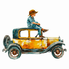 Painting of a little boy sitting on top of a retro car