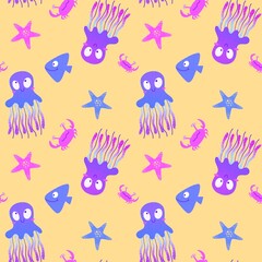 Ocean animals seamless jellyfish and crabs and starfish and fish and octopus pattern for wrapping paper