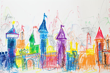 Enchanted castle with towers and a drawbridge 4 year old's simple scribble colorful juvenile crayon outline drawing