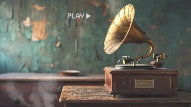 View of an old vintage gramophone on a table with copy space. Music and retro style. seamless looping time-lapse virtual video animation background