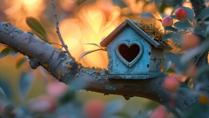 A birdhouse with a heart-shaped entrance on a wooden branch - Powered by Adobe