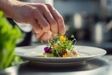 Chef's hands put decorations on a dish with greens and flowers, food decorations in a restaurant