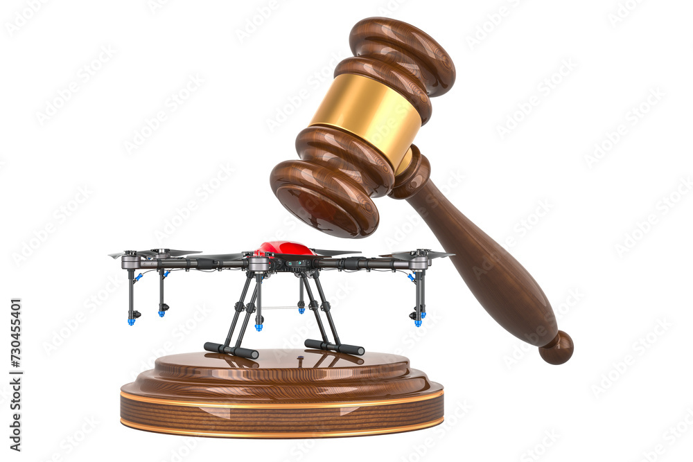 Poster wooden gavel with drone, 3d rendering isolated on transparent background