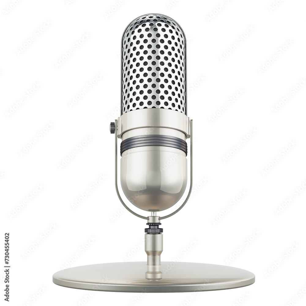 Poster retro microphone, metallic mic. 3d rendering isolated on transparent background