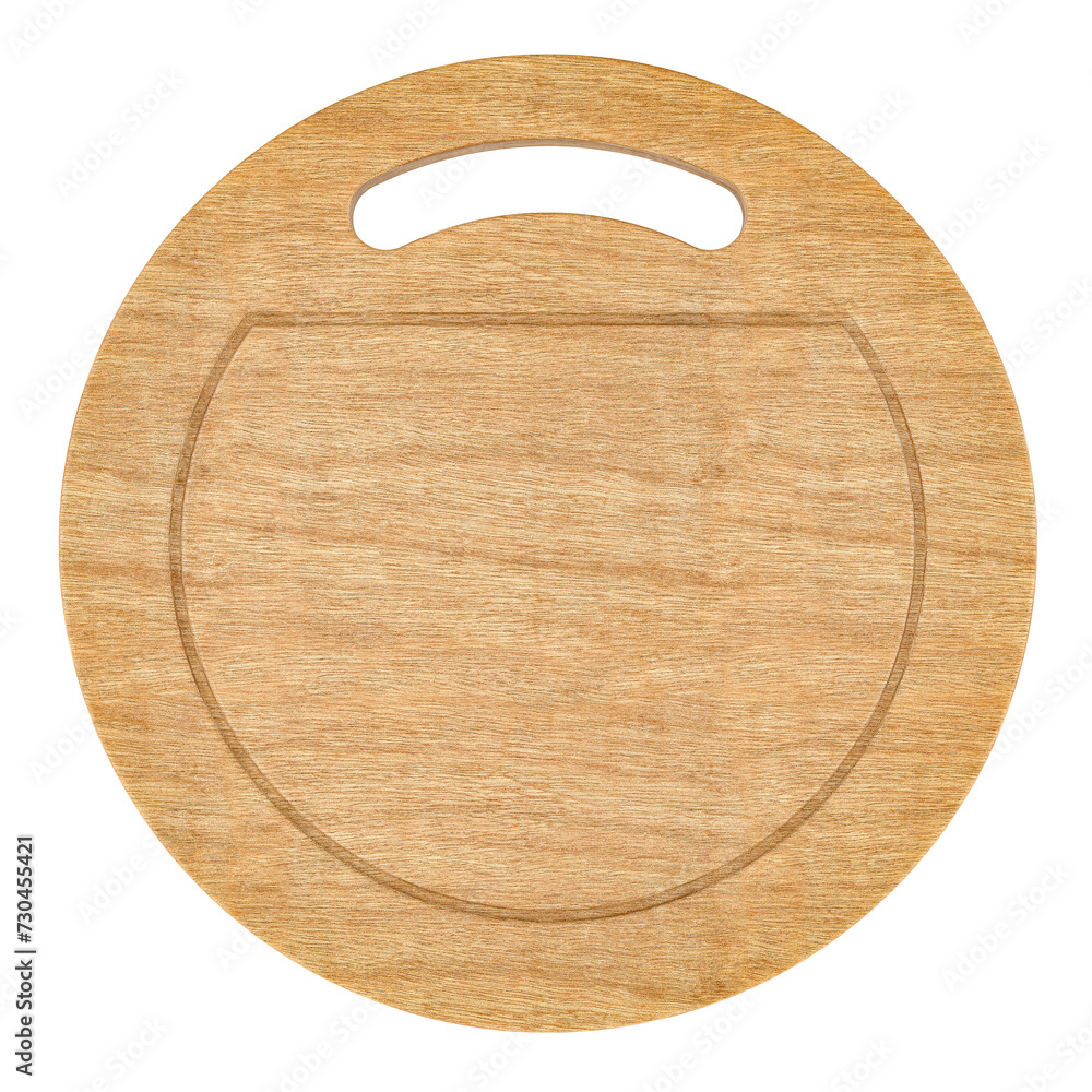 Poster cutting board with handle, wooden and circular. 3d rendering isolated on transparent background