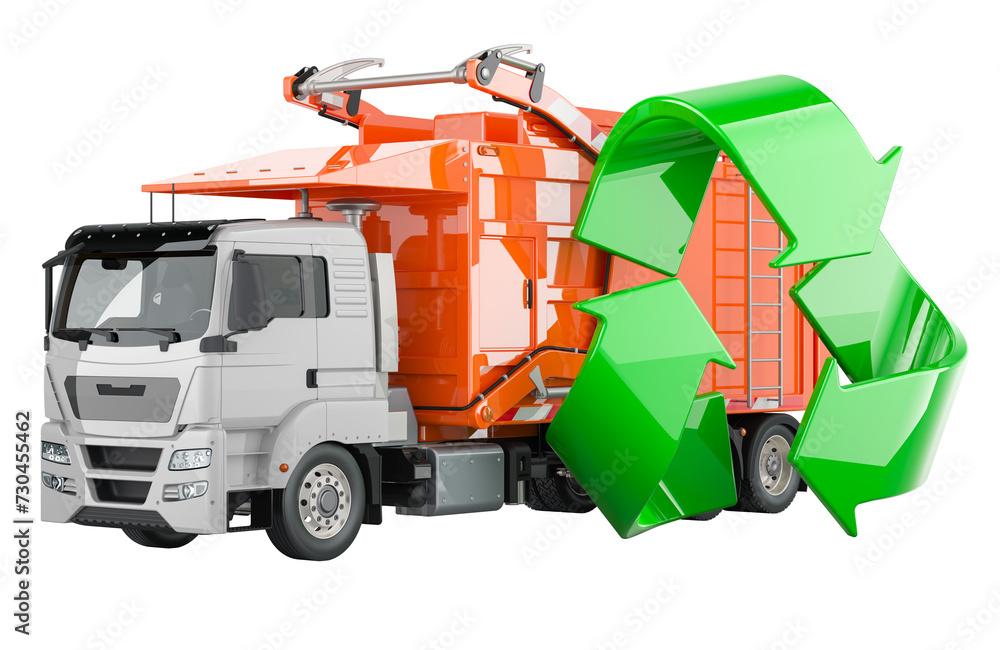 Aufkleber garbage truck with green recycle symbol, 3d rendering isolated on transparent background