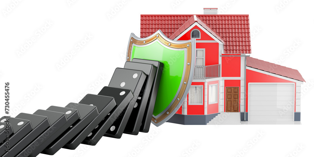 Poster house security and protection concept, shield stopped domino effect. 3d rendering isolated on transp