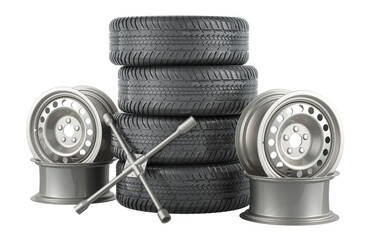 Auto service, concept. Car wheels and steel wheels with universal lug wrench. 3D rendering isolated on transparent background