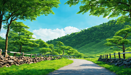 Obraz premium digital painting of mountain views and trees that make the scenery look refreshing