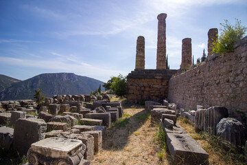 Ruined columns of Delphi. Archaeological site in Greece. Greek religious sanctuaries to the god...