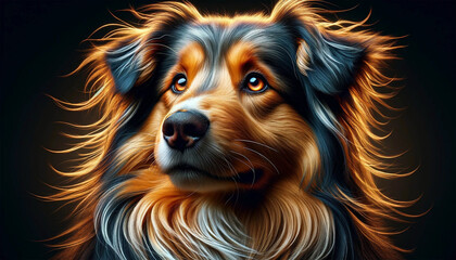 Fototapeta premium A large horizontal image of a dog with an emphasis on photorealism and intricate detail. The image accurately depicts the dog's coat texture, eye clarity, and overall demeanor, aiming for a realistic 